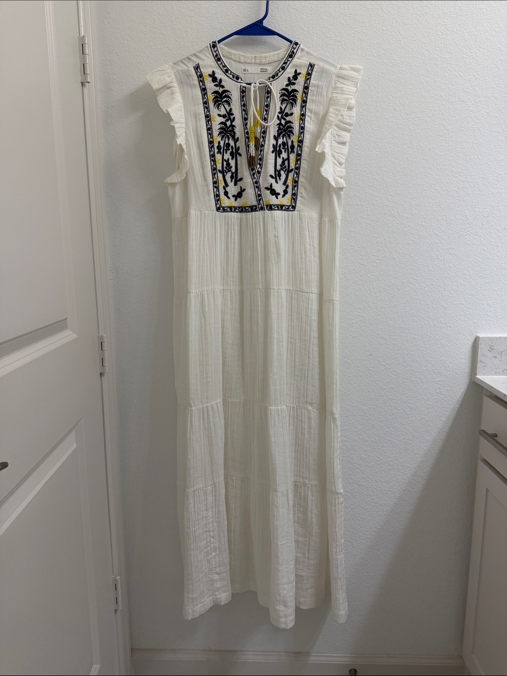 White Embroidered Maxi Dress with Navy and Yellow Accents